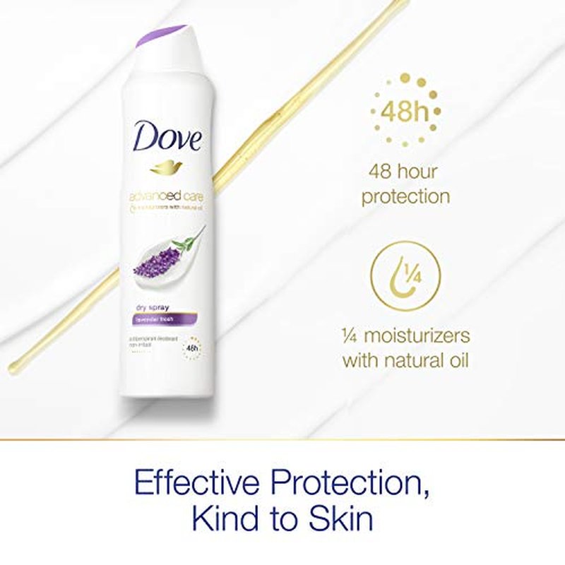 Dove Advanced Care Antiperspirant Deodorant Dry Spray 48 Hours of Sweat and Odor Protection Lavender Fresh Antiperspirant Spray With ¼ Moisturizers and 0% Alcohol, 3.8 Ounce (Pack of 3)
