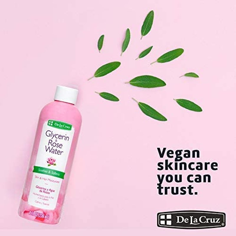 De La Cruz Rose Water and Glycerin for Face - Rosewater Facial Toner and Moisturizer for Skin and Hair 8 fl oz (236 mL) - 10 Bottles