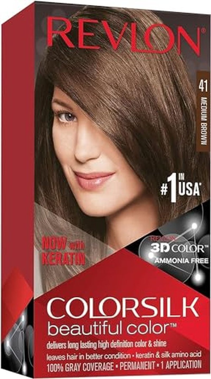Permanent Hair Color by Revlon, Permanent Hair Dye, Colorsilk with 100% Gray Coverage, Ammonia-Free, Keratin and Amino Acids, 41 Medium Brown, 4.4 Oz (Pack of 1)