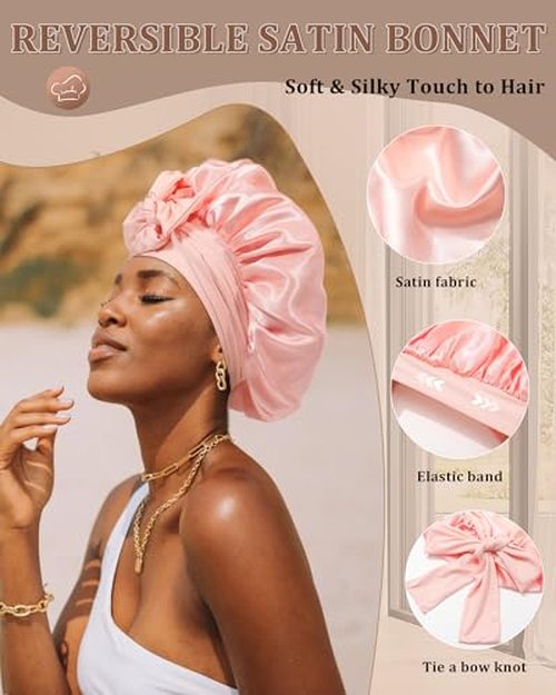 Reversible Satin Bonnet for Sleeping Women Silk Bonnet Double Layer Hair Bonnet with 2PCS Hair Scrunchies Elastic Tie Band Night Cap Hair Wrap for Natural Curly Hair (Apricot Powder+Champagne)