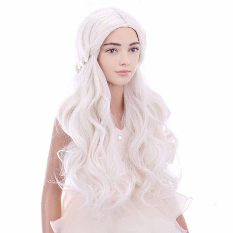 DUDUWIG Kids White Wig Long Wavy Wig for Child White Wig with Braid for Girls Cosplay Party Halloween Costume Wig with Wig Cap