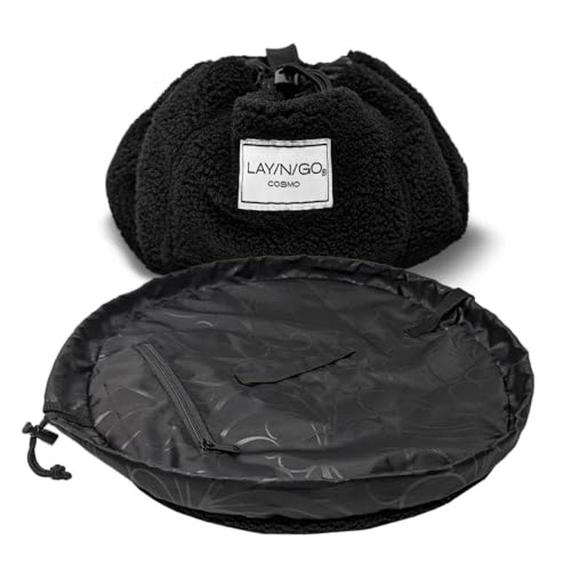 Lay-n-Go Cosmo Drawstring Cosmetic & Makeup Bag Organizer - Portable Drawstring Makeup Bag w/Zipper Pocket, Makeup Loops & More - Durable, Machine Washable Makeup Bag for Travel (20”, Comfort/Black)