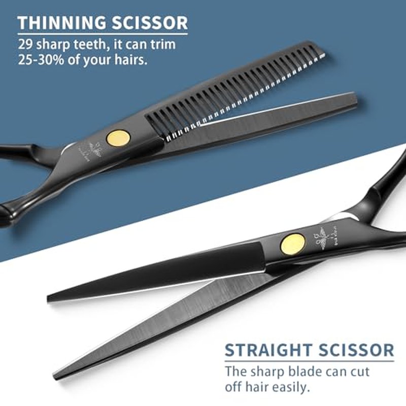 PURPLEBIRD Hair Cutting Scissors Kit, Professional Barber Scissors Hairdressing Shears Set with Stainless Steel Hair Scissors Thinning Scissors for Men Women Pet 10 Pcs Black