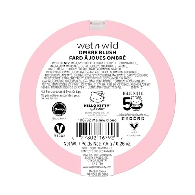 wet n wild Hello Kitty Ombre Blush, Buildable, Blendable Customizable Color, New Gradient Formula, Cruelty-Free & Vegan - Mellow Cloud