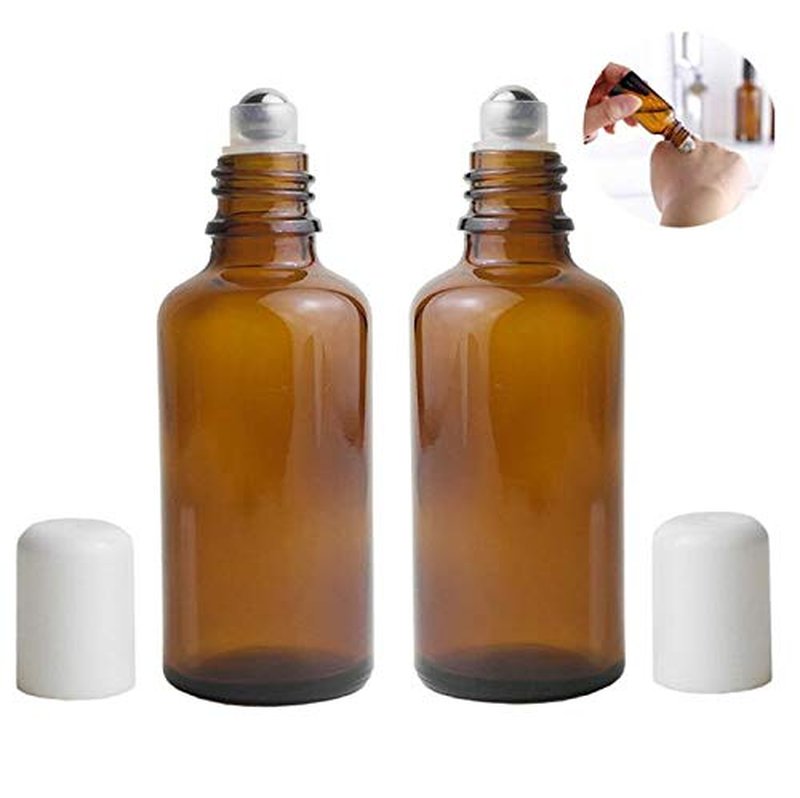 3PCS 50ml Empty Refillabl Amber Glass Roller Bottle With Stainless Steel Balls And White Screw Cover For Essential Oil Lip Balms Perfume
