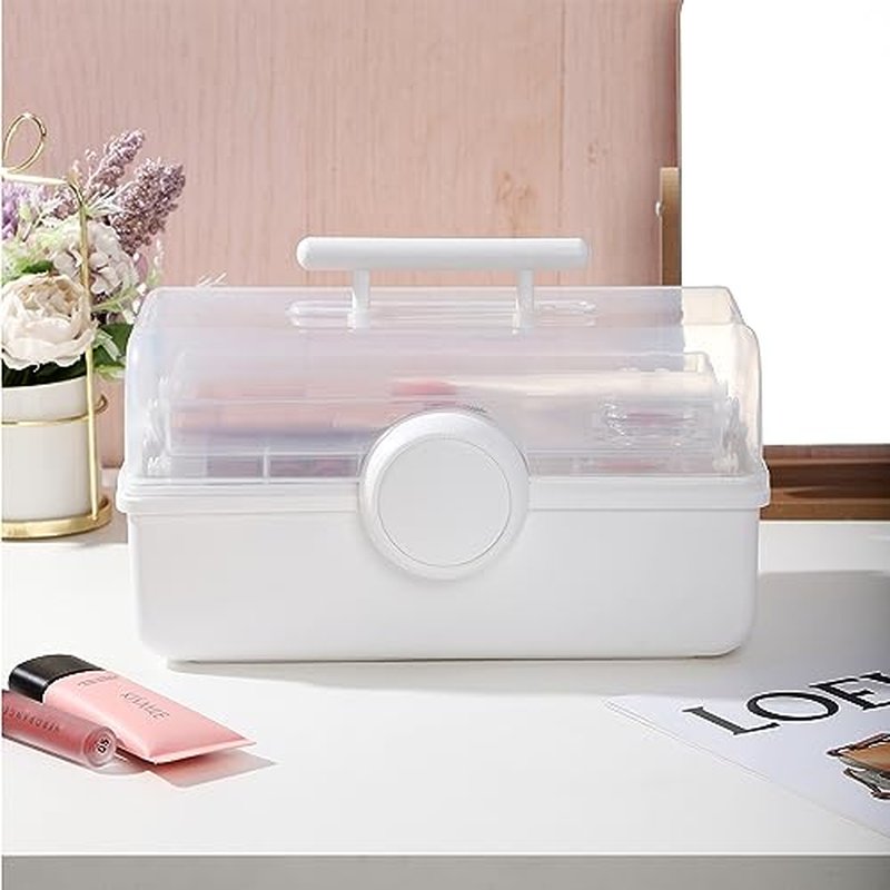 RAMFIYN Pink Makeup Storage, Pink Tackle box for Women with Handle. Cosmetic Storage Box Organizer, Portable 3 Layers Makeup Case for Home