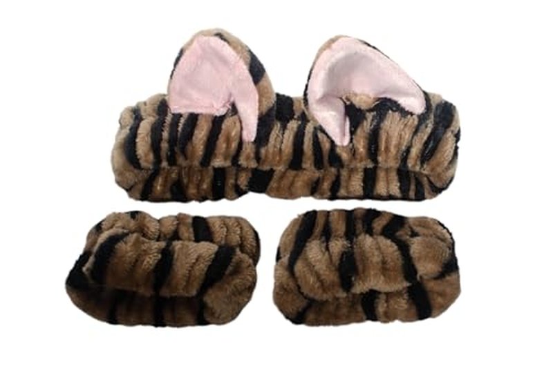 3 Piece Cat Ears Spa Headband For Washing Face (Brown, One Size Fits All)
