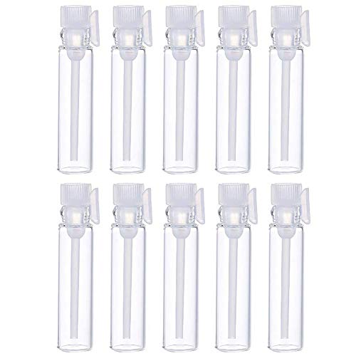 Teensery 100 Pcs Empty Perfume Sample Bottles Mini Glass Refillable Sample Vial Containers with Clear Cap for Aromatherapy, Essential Oil, Fragrance and Liquid (1ml)
