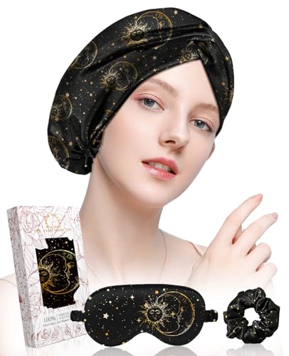 Miss Adola Silk Bonnet for Women - Mulberry Silk Sleep Cap for Hair Care with Eye Mask & Scrunchie 19 Momme Night Cap Sleeping Set with Elastic Stay On Head, Black Sun Moon