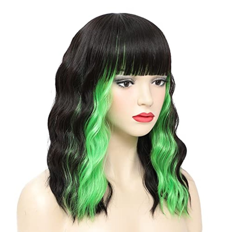 Black Wavy Bob Wig with Green Highlight, Short Wavy Wig with Bangs Highlight Bob Wig Black and Green Synthetic Wig for Women Cosplay Halloween Party Use 14 Inches(HL Green)