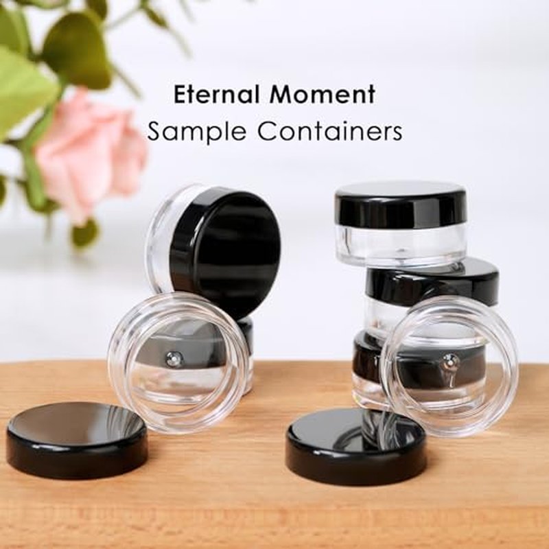 50 Pack 3 Gram Sample Containers with Lids, Small Plastic Cosmetic Jars, Makeup Travel Container Jar for Cream, Bead, Eye Shadow, Jewelry, Lotions, Powders, Glitters Lip Gloss with Labels,Spatulas
