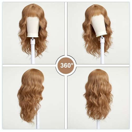 Esmee Strawberry Blonde Long Wavy Wig with Bangs for Women Natural Synthetic Hair Heat Resistant Wigs for Daily Party Cosplay Wear 22 Inches