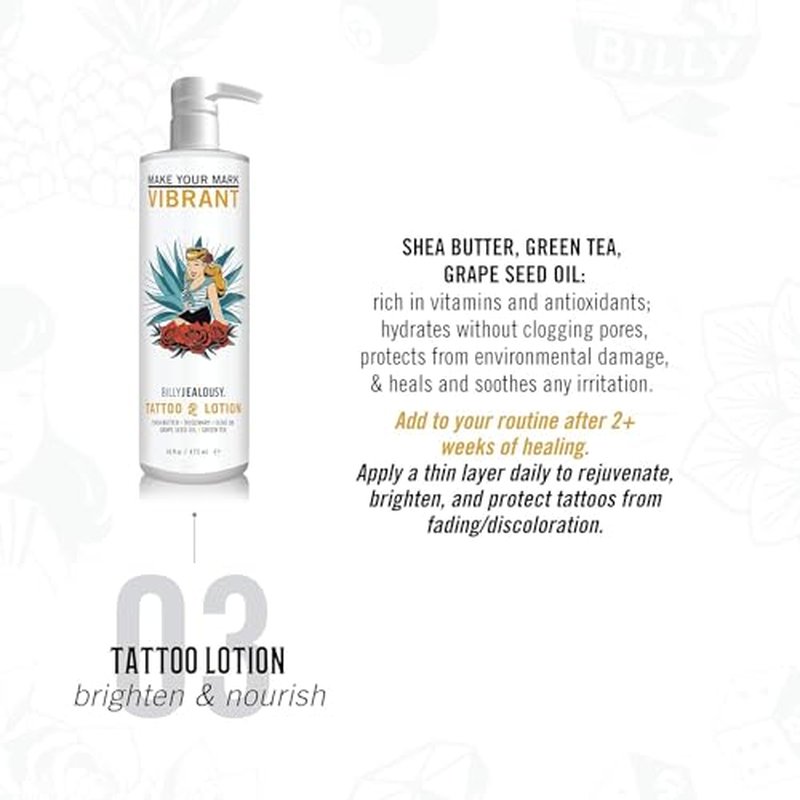 Billy Jealousy Tattoo Lotion for All Skin Types Formulated with Shea Butter, Essential Oils & Green Tea Leaf Extract, Tattoo Aftercare that Nourishes, Brightens & Soothes, 16 Fl Oz