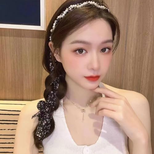 Long Hair Ribbons for Women Girls Flower Pearl Headband Hairband for Thick Thin Hair Elegant Bow Hairbands Non Slip Head Scarf Bands for Teen Girl Ponytail Hairclip Fashion HairAccessories for Women