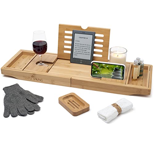 Temple Spring Bathtub Caddy Tray - Extendable Bath Tray for Bathtub with Candle, Wine Glass, Book, Pad & Phone Holders - Adjustable Bathtub Tray Over tub w/Bathroom Accessories - Natural Wood