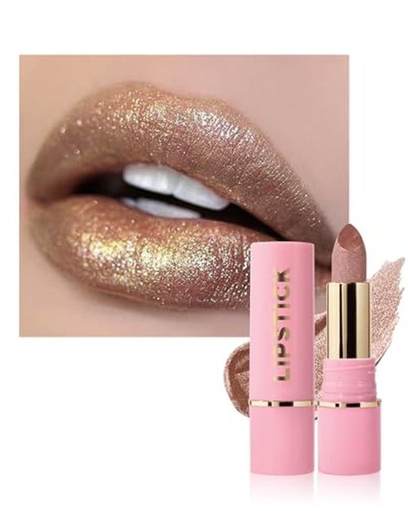Glitter Metallic Shimmer Lipstick Long Lasting,High Shine Glitter Diamond Creamy Red Color Matte Lipstick Transfer Proof Non-Stick Lip Gloss Shimmer High Impact Full Coverage Lip Makeup for Women-01