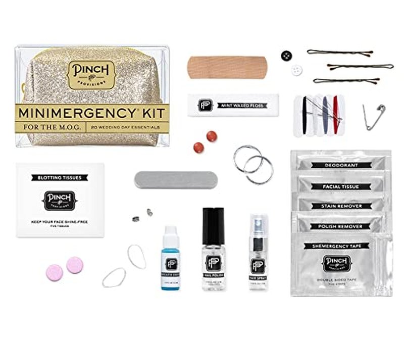 Pinch Provisions Minimergency Kit for M.O.G, Includes 20 Must-Have Emergency Essentials for The Big Day, Compact, Multi-Functional Zipper Pouch, Survival Kit for Mother of Groom - Champagne Glitter