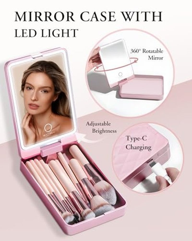 Makeup Brushes with Case, 20PCs Travel Makeup Brush Set, Foundation Concealer Blush Eyeshadow Brush Set Contour Powder Eyebrow Eyelash Brush Kit with Led Light Mirror Holder & 2 Powder Puff-Champagne