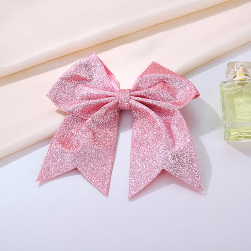 KISZU Hair Clips, Large Big 7inch Sequin Glitter Cheer Bow Clips for Women and Girls, Jumbo Giant Bow Clips Ponytail Holder Big Hair Clips Costume Accessories, Pink