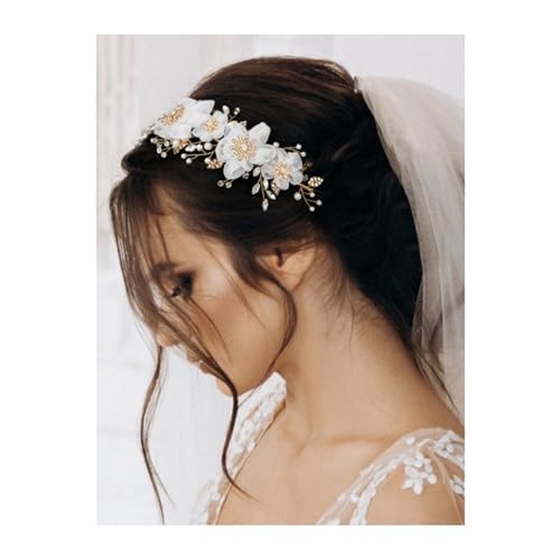 SWEETV Flower Wedding Headpieces for Bride Rhinestone Bridal Headband handmade bride hair vine wedding hair piece for bride hair accessories for Women and Girls Gold