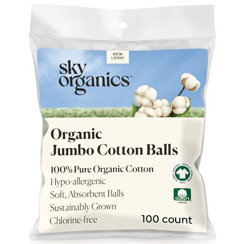 Sky Organics Organic Jumbo Cotton Balls for Sensitive Skin, 100% Pure Organic Cotton Sustainably Grown, Chlorine Free, Hypoallergenic, Ultra-Soft and Absorbent for Beauty & Personal Care, 100 ct