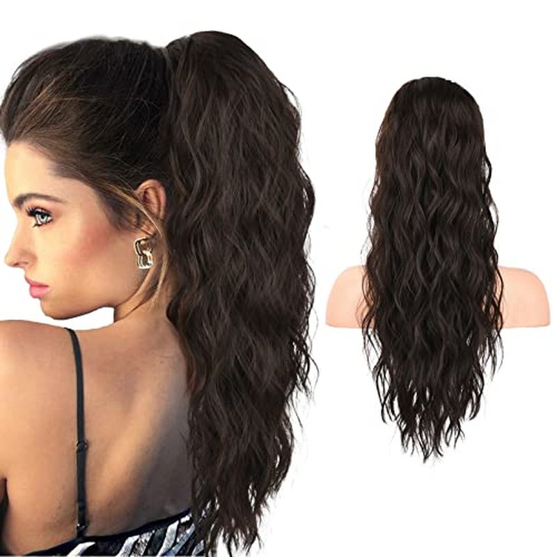 HOOJIH Ponytail Extension, Drawstring Ponytail Hair Extensions 22 Inch Long Curly Wavy Ponytail Natural Wavy Synthetic Hairpiece for Women Daily Use - Black Brown