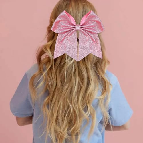 KISZU Hair Clips, Large Big 7inch Sequin Glitter Cheer Bow Clips for Women and Girls, Jumbo Giant Bow Clips Ponytail Holder Big Hair Clips Costume Accessories, Pink