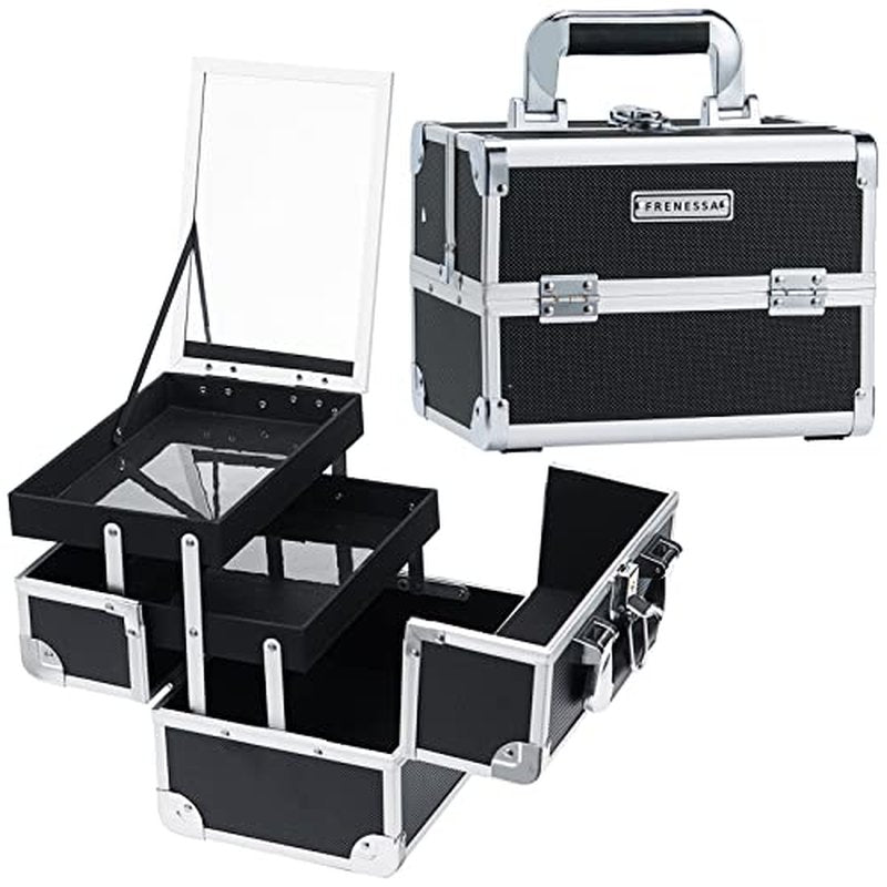 FRENESSA Makeup Train Case Cosmetic Organizer Case Portable Makeup Box with Mirror 2 Trays Lockable Make up Travel Storage Case for Makeup Artist, Nail Kits, Makeup Tools Makeup Case Modern Black