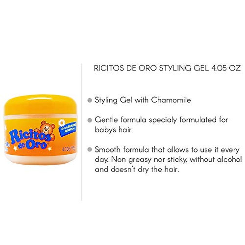 Ricitos de Oro Chamomile Hair Gel, Alcohol-Free, Hairstyling Product for Daily Use, Gentle Gel with Chamomile Extract for Children, Non-Greasy, 3-Pack of 4.05 Oz, 3 Jars
