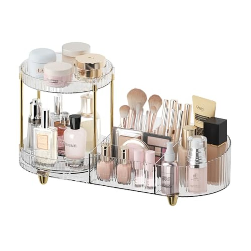 Makeup Organizer Countertop for Vanity with 360 Rotating Perfume Trays, 7-Compartment Skincare Organizers and Make Up Desk Storage, Cosmetic Organizer with Brush Holder for Bedroom Bathroom Counter