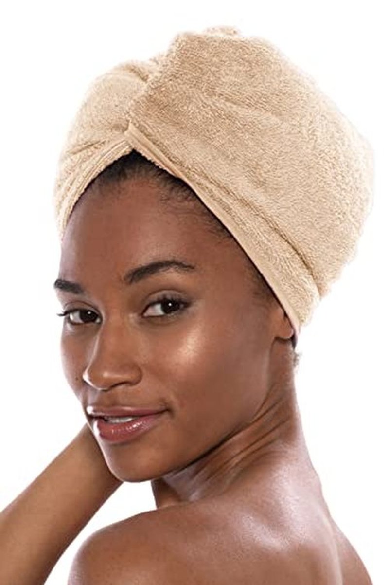 TexereSilk Women's Rayon and Cotton Terry Hair Towel - Lightweight, Absorbent Quick Drying Hair Wrap for Thick and Curly Hair (Tya, Almond Buff, U)