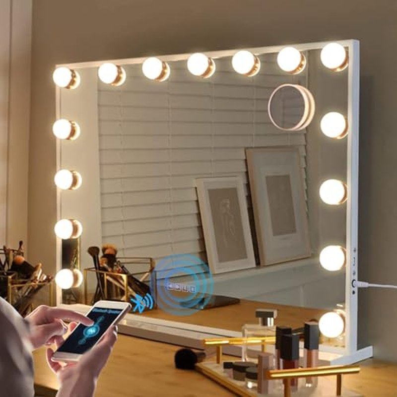 Fenair Vanity Mirror with Lights and Speaker Hollywood Speaker Support Answer Call, Touch Screen, 3 Color Modes Tabletop 15 Dimmable Bulbs