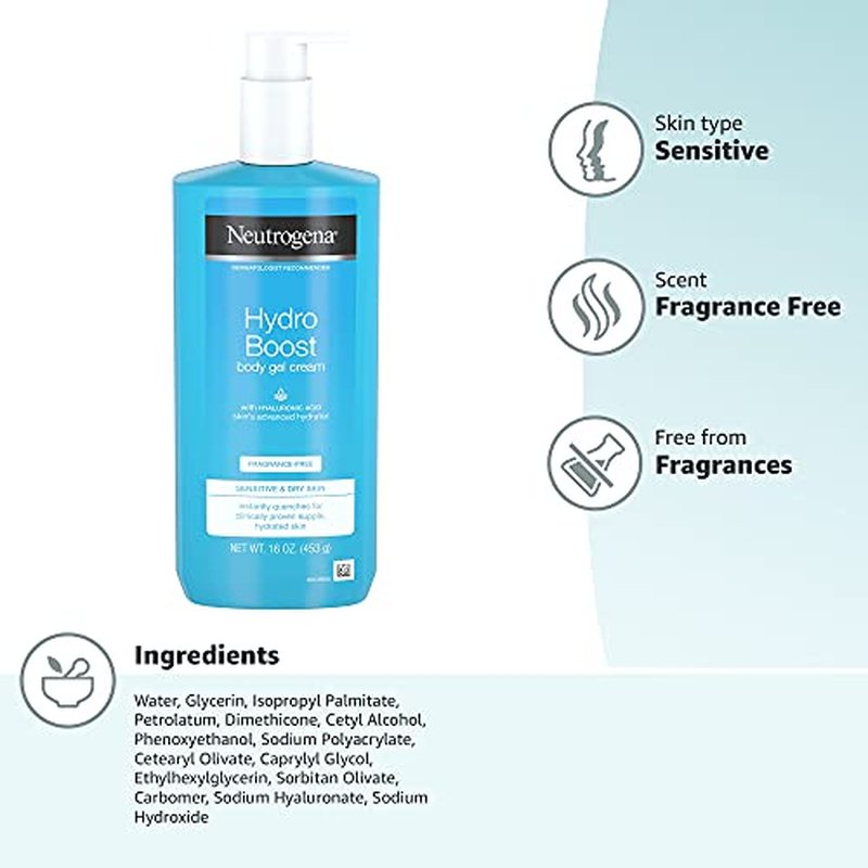 Neutrogena Hydro Boost Body Moisturizing Gel Cream with Hyaluronic Acid, Non-Greasy & Fast Absorbing, Lightweight Hydrating Body Lotion for Normal to Dry Skin, Fragrance-Free, 16 oz (Pack of 2)