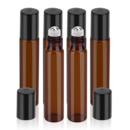 sungwoo 4 Pack Essential Oil Roller Bottles Stainless Steel, 10ml Amber Glass Roller Bottles with Caps for Travel, Perfume and Lip Gloss