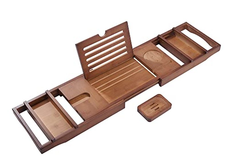 Headley Tools Bathtub Tray, Expandable Bath Tray with Wine and Book Holder - Bathtub Caddy for Luxury Bath, Adjustable Bath Tray for Tub-Great Gift for Women/Men (Brown Color)