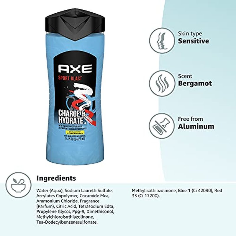 AXE Body Wash Charge and Hydrate Sports Blast Energizing Citrus Scent Men's Body Wash 100 percent Recycled Bottle 16 oz (Pack of 4)
