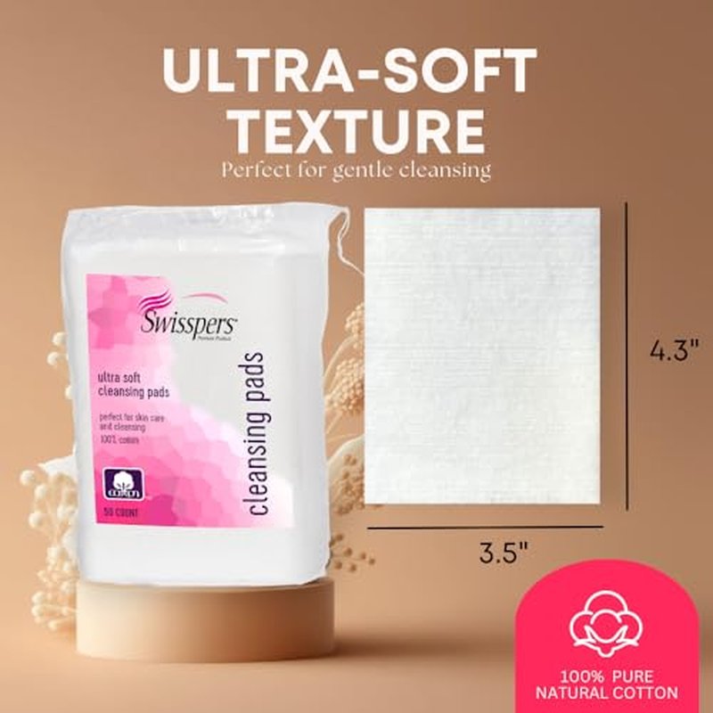 Swisspers Premium Ultra Soft Cleansing Pads – 50 Count (Pack of 3) – Large Rectangular Pads for Gentle and Versatile Skincare – 100% Lint-Free Cotton