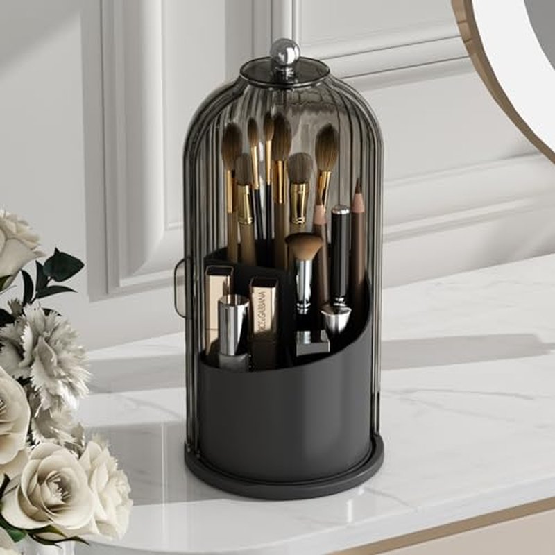 GAXmi Makeup Brush Holder with Lid Cosmetic Tools Organizer 360 Rotating Waterproof Dustproof Makeup Brushes Storage for Vanity, Black-Grey