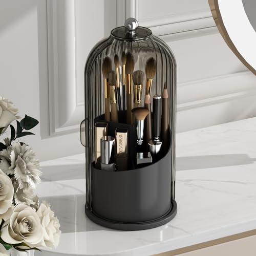 GAXmi Makeup Brush Holder with Lid Cosmetic Tools Organizer 360 Rotating Waterproof Dustproof Makeup Brushes Storage for Vanity, Black-Grey