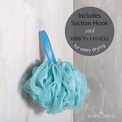 Temple Spring Shower Loofahs 3 Pack - Natural Recycled Shower Puffs for Body Set for Men and Women - Loofah Exfoliating Body Scrubber, Bath Poufs or Shower Scrunchie - Ocean Blue