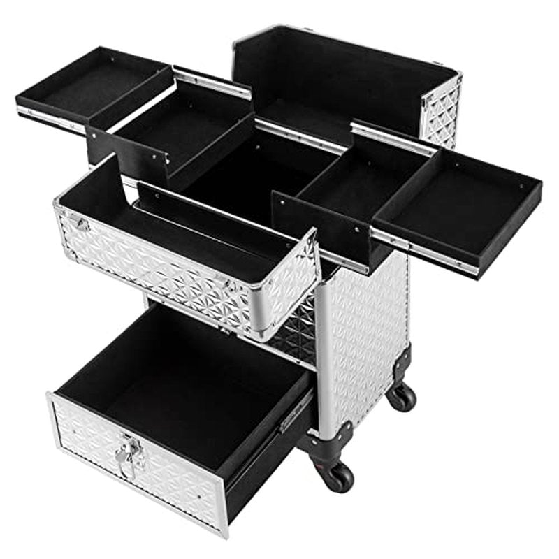Rolling Makeup Train Case with Drawers, Cosmetic Travel Trolley, Storage Sliding Drawer 4 Tray Cosmetics Beauty Organizer Lockable Luggage Trolley (Silver)