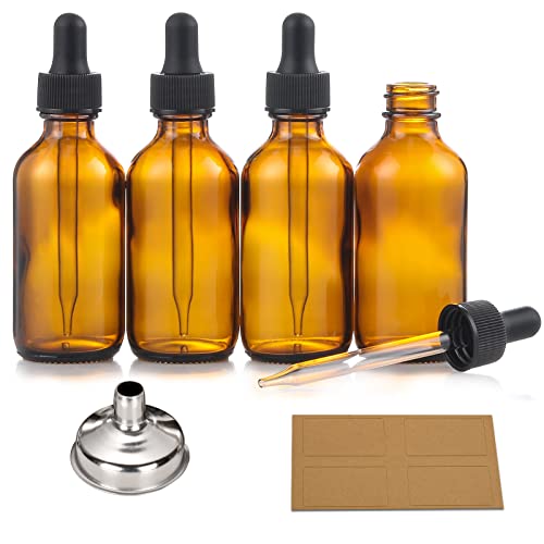 AOZITA 4 Pack, 2 oz Dropper Bottles with 1 Funnel & 4 Labels - 60ml Thick Dark Amber Glass Tincture Bottles with Eye Droppers - Leakproof Essential Oils Bottles for Health, Personal Care & Beauty