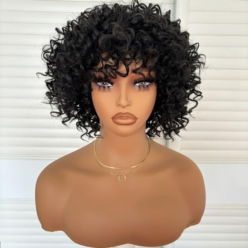 Short Kinky Curly Wig 8 Inch Bob Wigs for Black Women Natural Black Short Loose Curly Wig with Bangs Synthetic Big Bouncy Curls Full Hair Wig Heat Resistant Fiber
