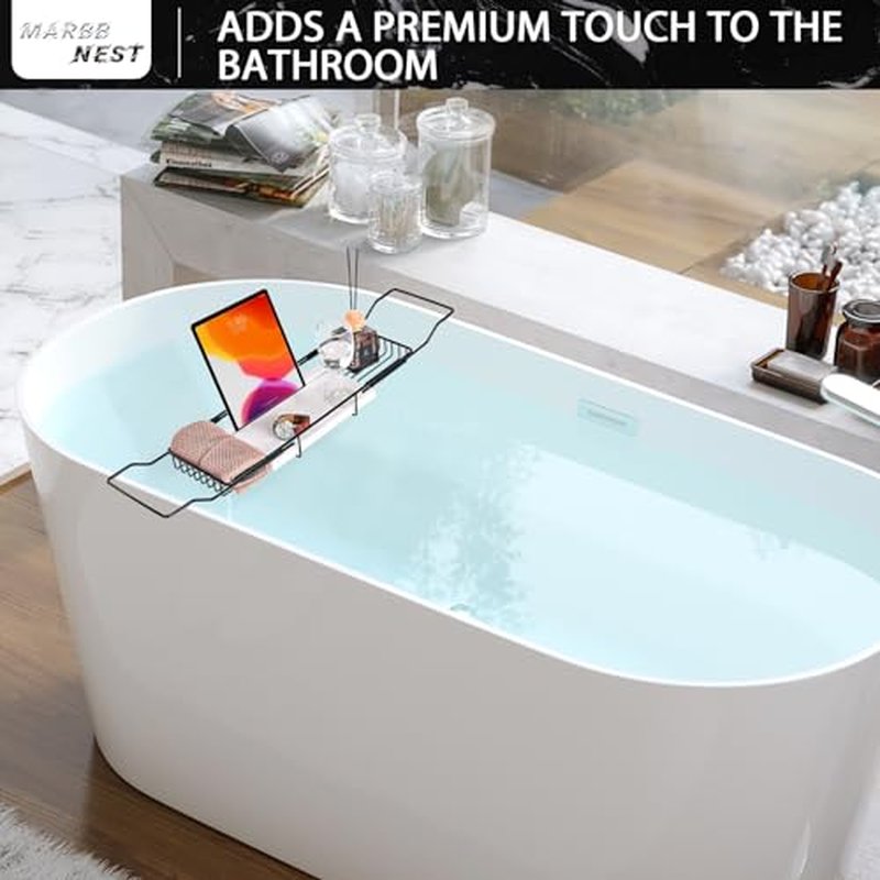 MARBBNEST Bathtub Tray Caddy for Luxury Bath Expandable Extra Wide Bath Tub Tray with Natural Marble Tray and Mobile/Tablet Stand, Ideal for Home Spa Lovers(Black + Jazz White)