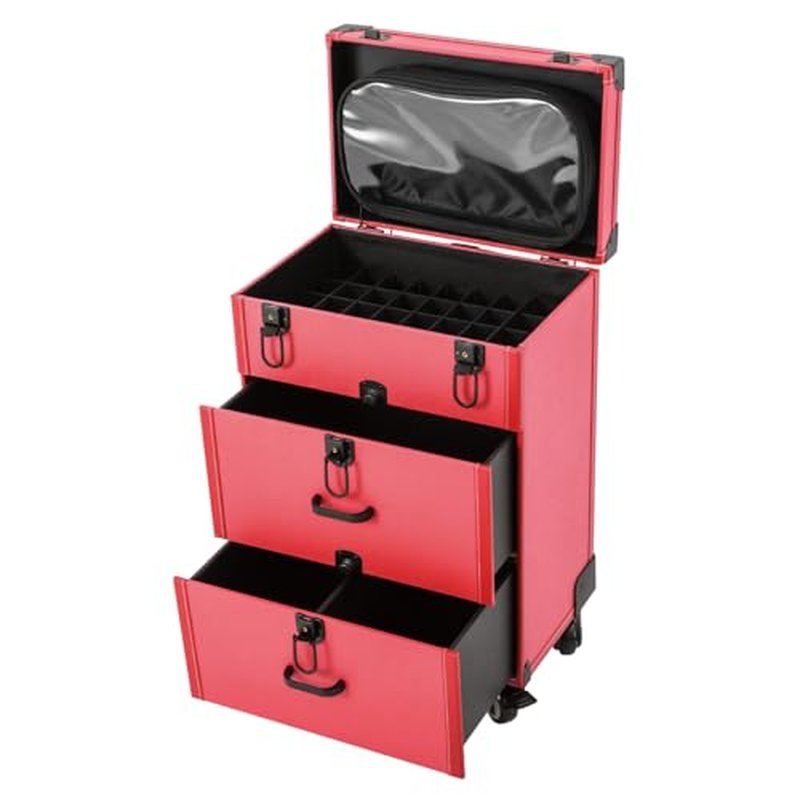 PalaUha Rolling Makeup Train Case Professional Cosmetic Organizer Trolley with Drawers Compartment Nail Case Wheeled Manicure Pedicure Storage Case for Hair Stylists Makeup Artists (Pink & Black B)