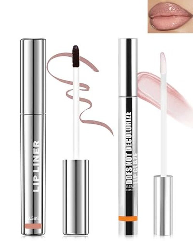 Peel Off Lip Liner Stain, Long Lasting Stay Waterproof Lip Tint Stain Peel Off, Brown Lip Liner Tattoo and Clear Glitter Lip Gloss Combo, Non-Stick Cup Nourishing Shimmer Lip Oil Lipstick Makeup-Set 3