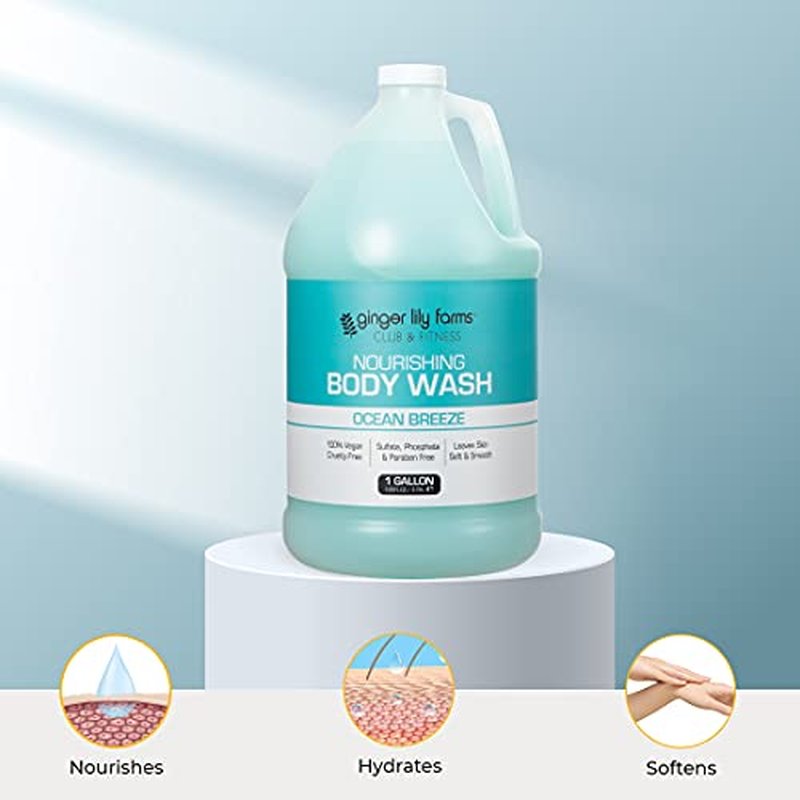 Ginger Lily Farms Club & Fitness Nourishing Body Wash, 100% Vegan & Cruelty-Free, Bath & Shower Gel for Men and Women, Ocean Breeze Scent, 1 Gallon (128 fl. oz.) Refill