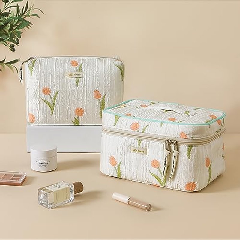 HBselect Quilted Makeup Bag, 3PCS Cotton Large Travel Makeup Bag, Cute Floral Coquette Make up Bag Cosmetic Bag Toiletry Bag for Women Girls