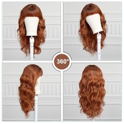 Esmee Long Wavy Wine Auburn Wigs for Women Natural Synthetic Hair Heat Resistant Wigs with Bangs for Daily Party Cosplay Use 22 Inches