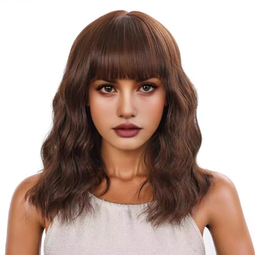WEIWENHEE Short Wave Curly Bob Wig With Bangs-14 inch, Black Mixed Brown,Short Bob Wigs, Synthetic Wigs For Women, Natural Looking Heat Resistant Fiber Wigs